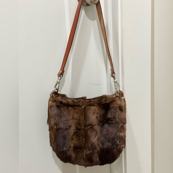 Natural Brown Handmade Real Mink Fur Half Moon Shoulder Bag/Crossbody - Picture 7 of 16